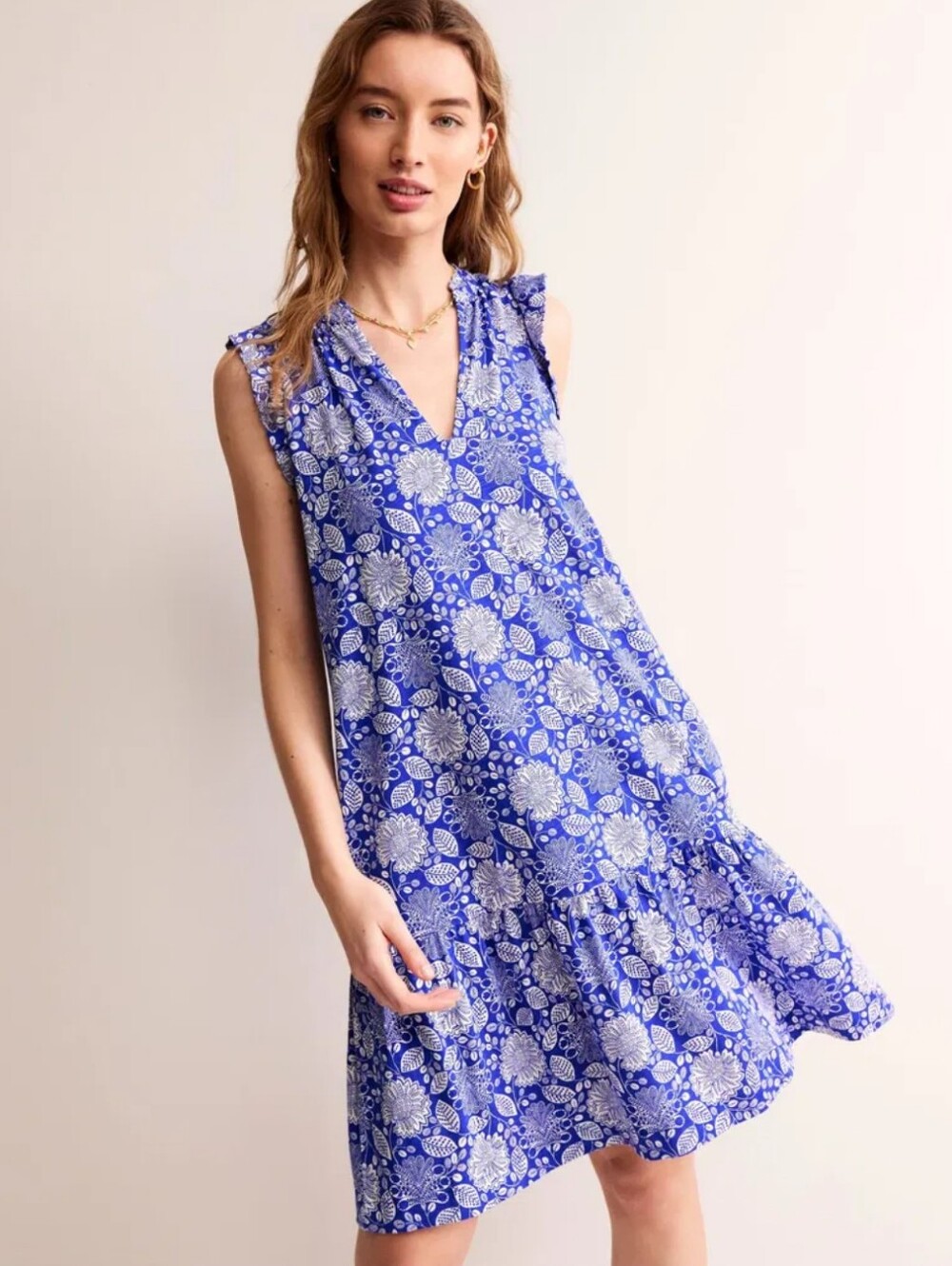 Boden Daisy Jersey Short Tiered Mini Dress Blue White Ditsy Floral Print Size 6